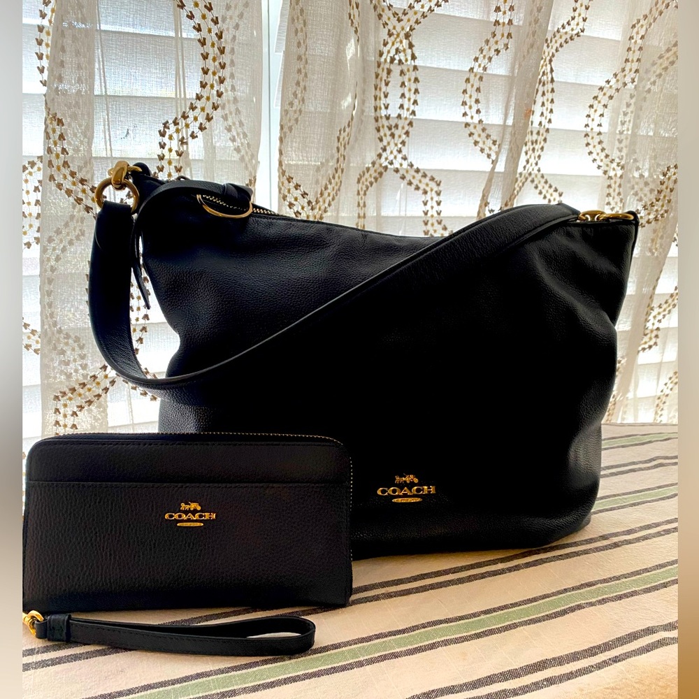 Coach Skylar hobo bag & matching wallet. Midnight (deep navy)w/ gold accents